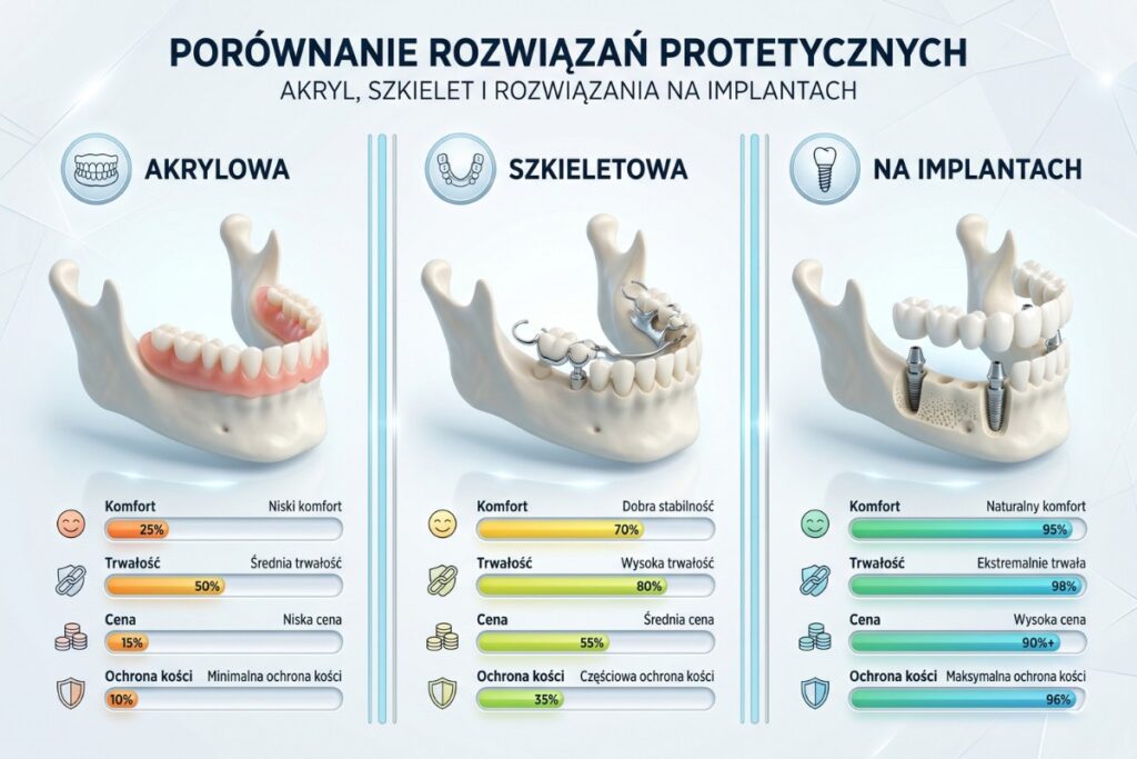 Rodzaje protez zębowych - porównanie. Infografika